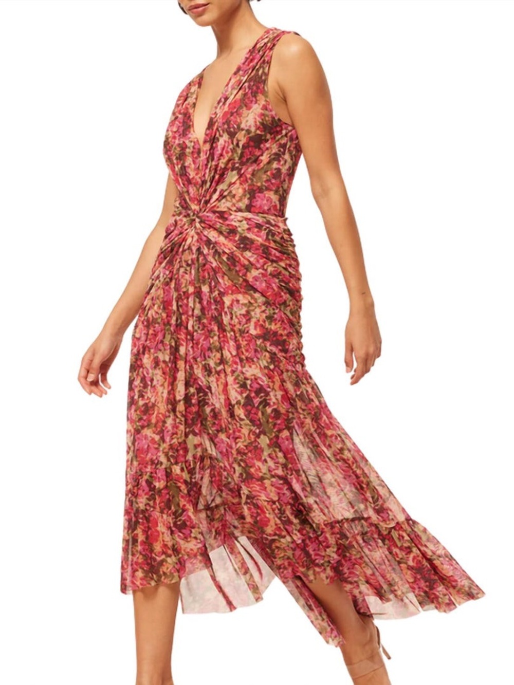 MISA Los Angeles Ava Floral Mesh Twist Waist Midi Dress Size S